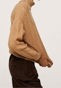 Beige gestrickter Rollkragenpullover mit Zopfmuster und gerippten Bündchen. Kombiniert mit dunkelbraunenCordhosen, die einen entspannten Schnitt zeigen.