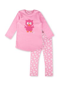 Kinder Langarmshirt in Pink mit einer Cartoon-Eule und passender pinker Leggings, die mit weißen Sternen gemustert sind.