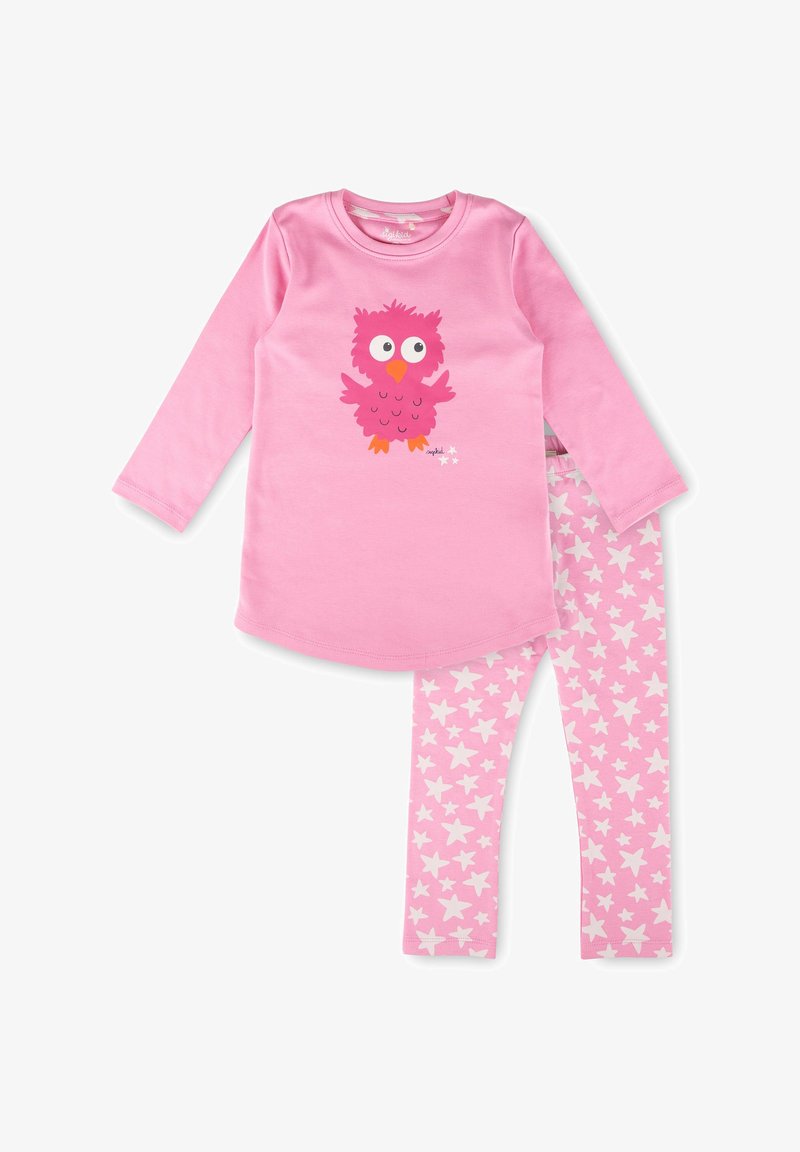 Children’s pink long-sleeve top with a cartoon owl and matching pink leggings patterned with white stars.