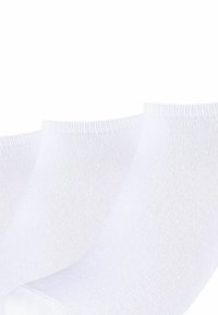 Drei Paare weißer Socken aus einem weichen, gerippten Material. Jedes Paar verfügt über einen verstärkten Bündchen und eine glatte Textur.