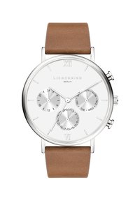 Bruine leren armbandenhorloge met een zilveren roestvrijstalen kast. Witte wijzerplaat heeft uurmarkeringen, drie subdials en de merknaam "LIEBESKIND BERLIN."