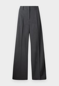 Wide-leg trousers in dark gray fabric, featuring a high waist, single pleats, and a smooth texture with a clean finish at the hems.