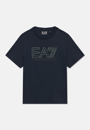Navy blue short-sleeve t-shirt with round neck, featuring large EA7 Emporio Armani logo in reflective print on the front.