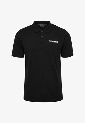 Czarna koszulka polo z bawełny, z kołnierzykiem, dwoma guzikami i białym logo "hummel" na lewej piersi. Krótkie rękawy i prosty dół.
