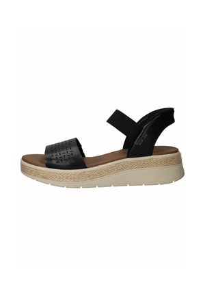 Sort kilehæl sandal med åben tå, perforeret frontrem, elastisk ankelrem, polstret brun fodseng og beige tekstureret platformsål.