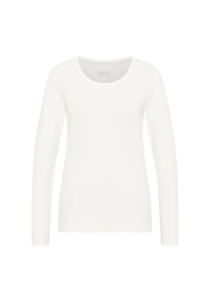 Camicia bianca a maniche lunghe con scollo rotondo, realizzata in un tessuto morbido. Presenta un design minimalista e non ha alcun motivo o accento visibile.