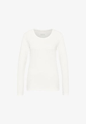 Chemise blanche à manches longues avec un col rond, fabriquée en tissu doux. Présente un design minimaliste et ne comporte aucun motif ou accent visible.