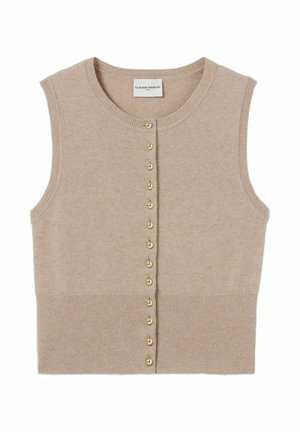 Cardigan a maglione beige senza maniche con scollatura rotonda, caratterizzato da chiusure con bottoni in tonalità dorata sul davanti e texture a costine sull'orlo.