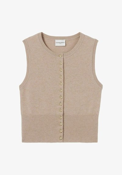 Cárdigan de punto sin mangas en color beige con cuello redondo, que presenta cierres de botones en tono dorado en la parte frontal y una textura de ribete en el dobladillo.