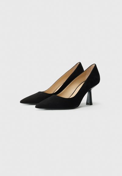 Black suede high-heeled shoes with a pointed toe and a geometric black heel. Smooth texture and minimalistic design without embellishments.