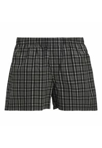 Boxers pour hommes à taille élastique à carreaux noirs et gris avec fines rayures blanches, présentés à plat sur fond blanc.