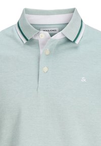 Polo vert clair avec des boutons blancs, un col à rayures vertes et blanches, et un petit logo blanc en forme d’esperluette sur la poitrine.