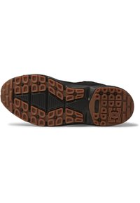 Suela de zapato con una banda de rodadura de goma negra y marrón, que presenta patrones geométricos y un logo de DC cerca del área del talón.