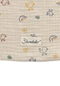 Cotton fabric featuring colorful prints of birds, rainbows, and suns on a beige background, with a stitched "Stemmtaler" label.
