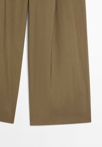 Brown wide-leg pants made of lightweight fabric with a smooth finish against a white background.