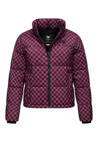 Gevoerde jas met een levendig roze en zwart houndstoothpatroon, hoge kraag, rits aan de voorkant en elastische manchetten. Zachte, gewatteerde textuur.