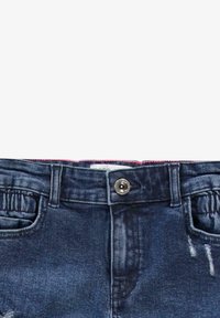 Denim jeans met een donkerblauwe wassing, voorzien van een knoopsluiting, elastische zijkanten en gescheurde details bij het voorzakgebied.