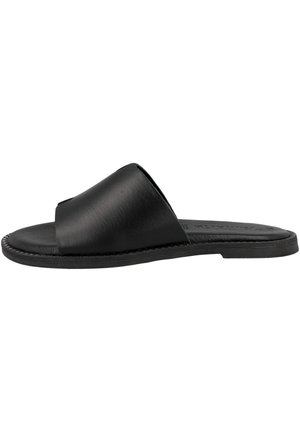 Sandale slide en cuir noir avec un design ouvert à l'avant, semelle plate et coutures visibles le long du bord pour une durabilité accrue.