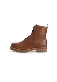 Bruine leren enkelboot met ronde neus, voorzien van metalen oogjes, veters en een getextureerde rubberen zool. Daarnaast accentueert een achterste trekpunt het ontwerp.