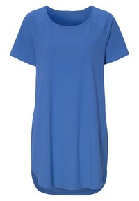 Blå kortärmad t-shirtklänning gjord av mjukt tyg, med rund halsringning och en längre bakre fåll. Slät textur utan synliga mönster.