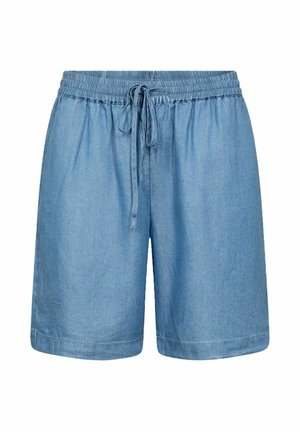 Shorts en denim bleu clair avec taille élastique et cordon de serrage, longueur au genou, style décontracté.