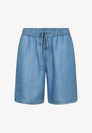 Shorts en denim bleu clair avec taille élastique et cordon de serrage, longueur au genou, style décontracté.