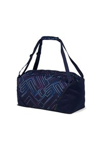 Borsa da viaggio navy con motivo geometrico viola e blu. Presenta manici doppi e tracolla regolabile. Chiusura con zip per una conservazione sicura.