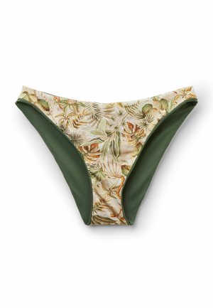 Damebikinibund med tropisk løvprint på frontpanelet og ensfarvede mørkegrønne sidepaneler på hvid baggrund.