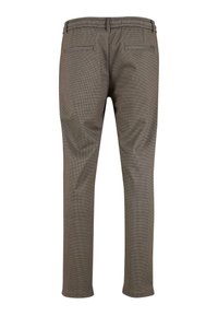 Brune ternede bukser med smal pasform. Har to baglommer og en glat tekstur, samt en linning med bæltestropper.