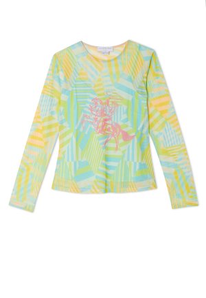 Majica s dugim rukavima s pastelnim geometrijskim prugama u žutoj, zelenoj i plavoj boji, s prikazom ružičastog kauboja na konju na prednjoj strani.