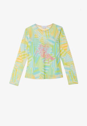 Langærmet skjorte med pastelfarvede geometriske striber i gul, grøn og blå, med en lyserød cowboy ridende på en hest som motiv på forsiden.