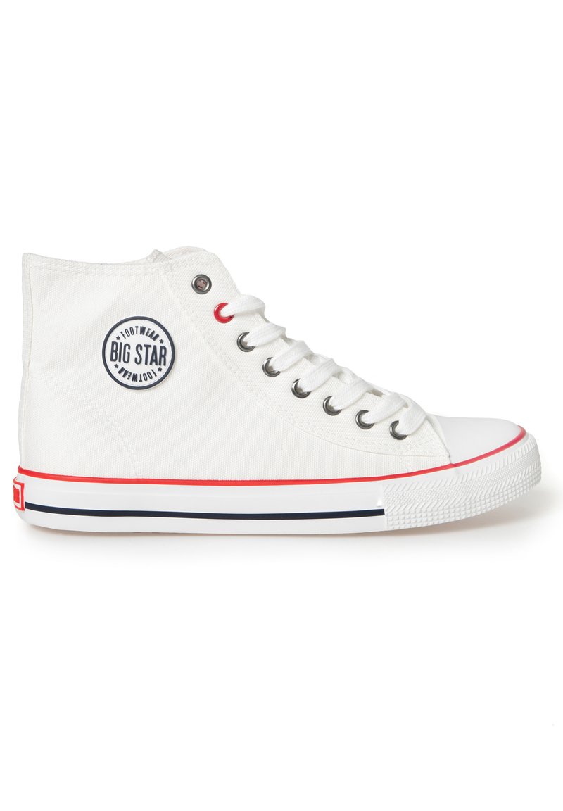 Zapatillas altas blancas de lona, que cuentan con un parche de logo redondo, ojetes rojos y una suela de goma texturizada con rayas azules y rojas.