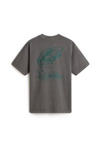 Grå bomulds t-shirt med et teal grafik af et kranium bagpå og et tornet design under det. Korte ærmer, rund hals.