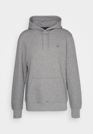 Grauer Pullover-Hoodie mit Kängurutasche vorne, Kapuze mit Kordelzug, gerippten Bündchen und Saum sowie kleinem gesticktem Logo auf der linken Brust.