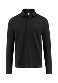 Schwarzes, langärmeliges Poloshirt aus weichem Stoff mit klassischem Kragen und einem dezenten, auf der linken Brustseite eingestickten Logo.