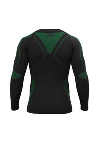 Black long-sleeve shirt with green textured accents and stitching. Features a fitted design with a V-shaped back detail.