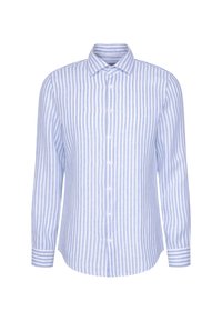 Camicia a maniche lunghe a righe blu chiaro e bianche con colletto, apertura frontale con bottoni e polsini. Realizzata in un tessuto leggero con una texture liscia.