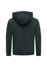 Dark gray hoodie with a soft texture, featuring a large adjustable hood, long sleeves, and ribbed cuffs and hem. Back view displayed.