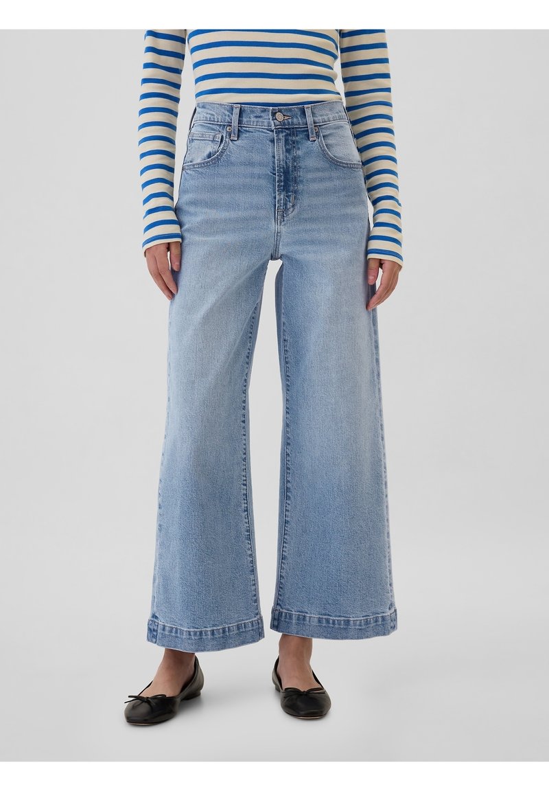 Jeans en denim bleu clair à jambes larges, taille haute avec poches avant, associés à un haut rayé à manches longues et des ballerines noires.