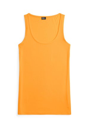Hellorange ärmelloses Tanktop mit Rundhalsausschnitt auf weißem Hintergrund.