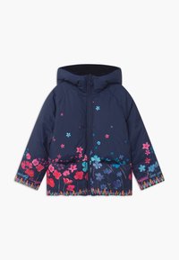 Námořnická péřová bunda s kapucí, zdobená mnohobarevnými květinovými vzory na lemu a manžetách, s zipovým uzávěrem a strukturovaným povrchem.