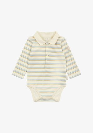 Body a maniche lunghe a righe in crema, con strisce orizzontali blu e gialle, colletto e 3 bottoni; include bottoni automatici sul fondo.