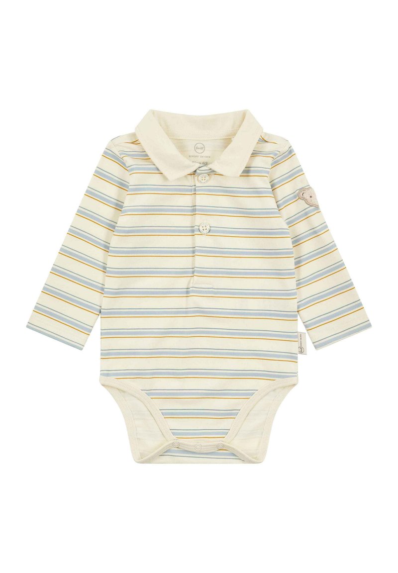 Gestreifter Langarm-Body in Creme mit blauen und gelben Horizontalstreifen, Kragen und einer drei-knöpfigen Leiste; mit Druckknopfverschlüssen am unteren Ende.