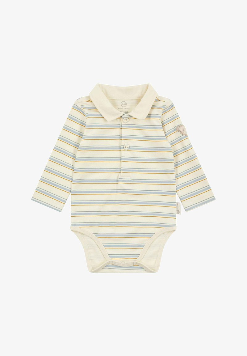 Body a maniche lunghe a righe in crema, con strisce orizzontali blu e gialle, colletto e 3 bottoni; include bottoni automatici sul fondo.