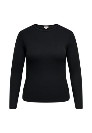 Top negru cu mâneci lungi, tricotat cu model reiat, guler rotund, croi mulat și textură subtilă, prezentat pe fundal alb.