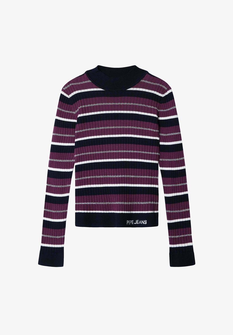 Suéter de punto a rayas que presenta hilos en color burdeos, azul marino, blanco y plateado. Textura acanalada con un cuello alto y detalle del logo en el dobladillo.