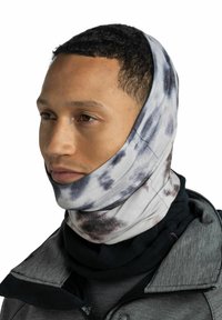 Gaiter multifuncional en gris con patrón de tie-dye en blanco y negro. Suave y elástico, ofrece calidez y comodidad, adecuado para su uso al aire libre.