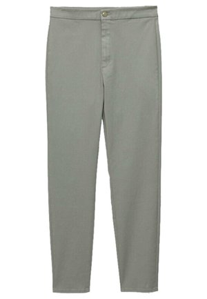 Light gray trousers made of cotton blend fabric, featuring a front button closure, straight leg design, and minimal stitching details.
