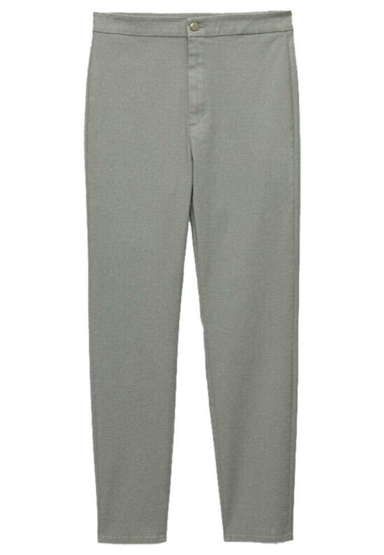 Pantalon gris clair en tissu mélangé coton, avec une fermeture à bouton à l'avant, une coupe droite et des détails de couture minimalistes.