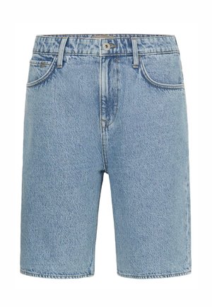 Ανοιχτό μπλε τζιν σόρτς με κούμπωμα μπροστά με κουμπί και φερμουάρ, θηλιές για ζώνη και δύο μπροστινές τσέπες.